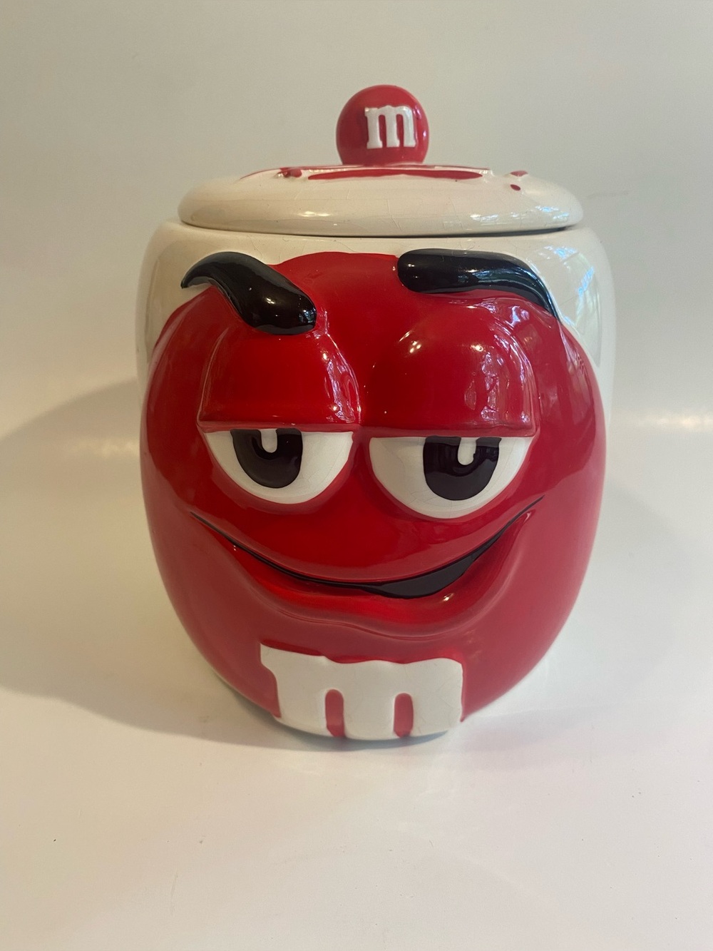Vintage Galerie M&M’s “RED” Ceramic Cookie Jar with Lid – Winking Devil Horns
